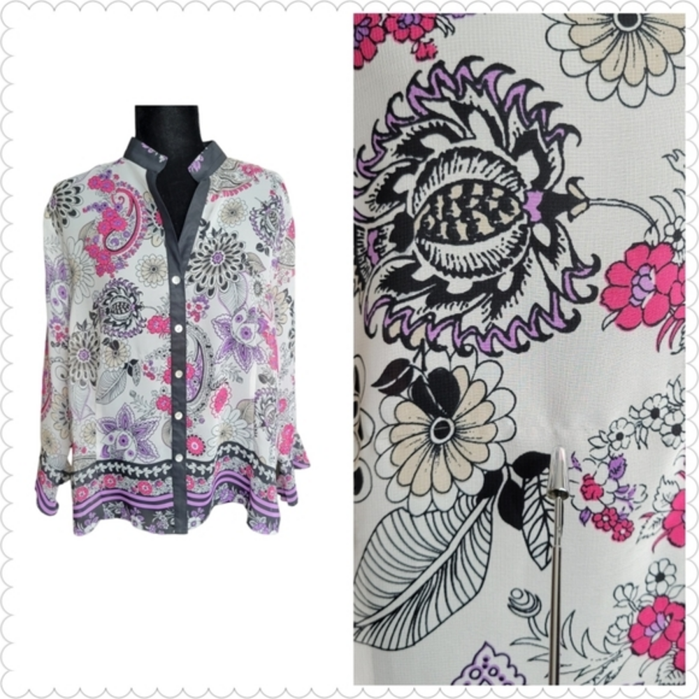 Investment Petite Sheer‎ Blouse Floral Pattern & Ruffle Sleeve Sz PXL